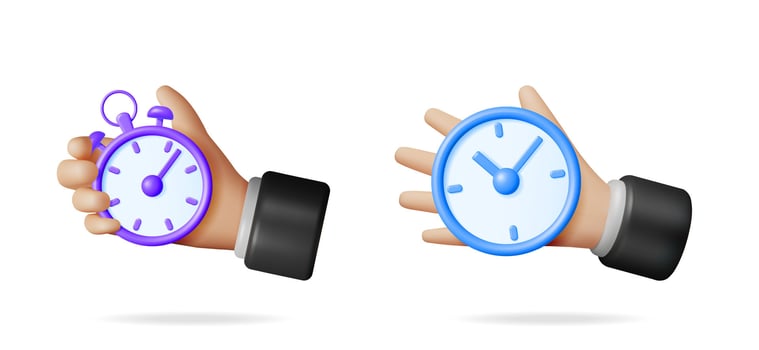 Man's hand holding a purple stopwatch and another hand holding a blue clock. Time management and deadline concept for business schedule. vector