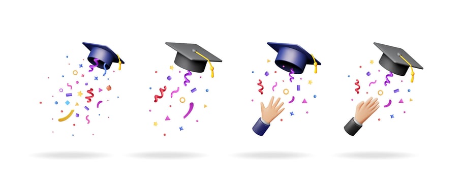 Graduation cap flying in air with colorful confetti and a hand reaching for it, symbolizing success and achievement, a 3d illustration. vector