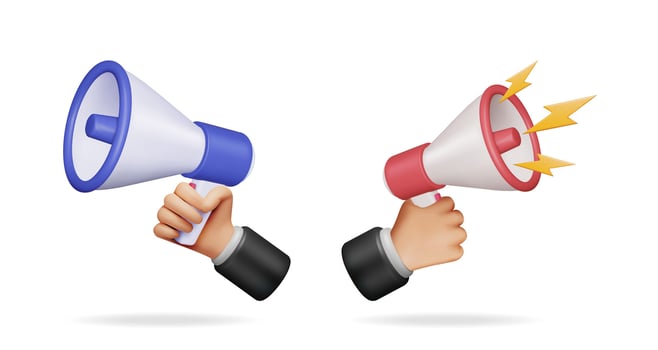 Man hand holding blue megaphone and man hand holding red megaphone with lightning sign. Business communication advertisement. vector