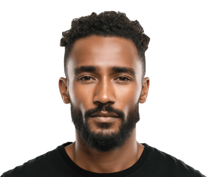Confident man with stylish haircut and beard expressing calmness png