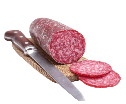 Sliced cured meat on a wooden board ready for serving png
