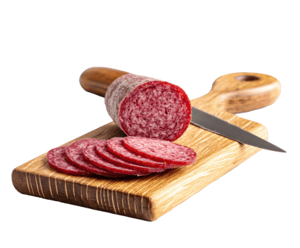 Sliced salami on wooden cutting board with knife png