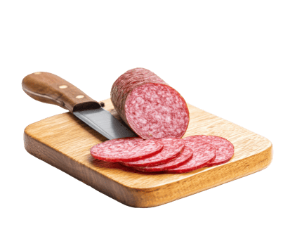 Sliced salami on a wooden cutting board with kitchen knife png