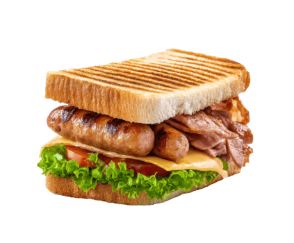 Gourmet sandwich with grilled sausage and fresh vegetables for lunch png