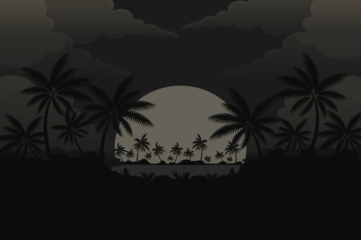 tropical landscape with palm silhouettes moon and clouds in dark colors illustration. vector
