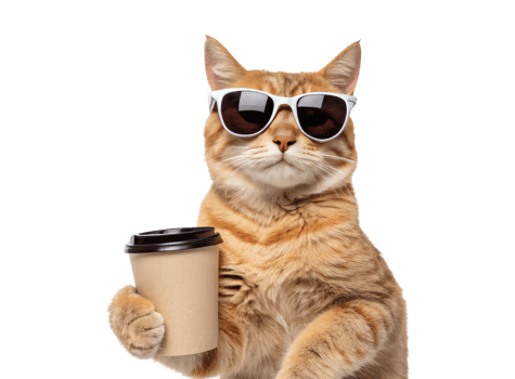 A cool cat wearing sunglasses and holding a cup of coffee isolated on a transparent background drinks design png