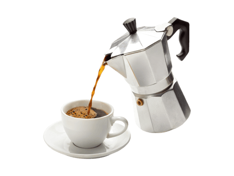 Italian coffee maker moka pot pouring coffee into a cup isolated on a transparent background drinks design png