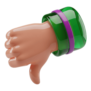 Glossy 3D Stylized Hand Showing Thumbs Down Gesture with Green and Purple Cuff png