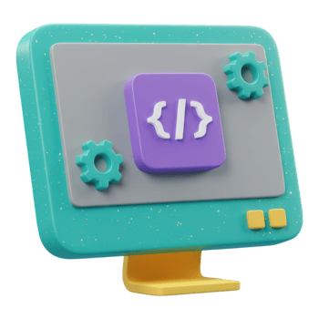 Modern 3D Computer Monitor Displaying Programming Code and Gear Symbols png