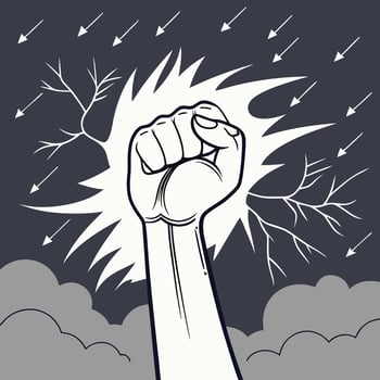 Raised Fist in Protest with Arrows and Clouds in a Stormy Sky vector