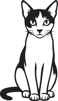 Cat sitting illustration black and white calm pose, Pet feline minimal line art vector
