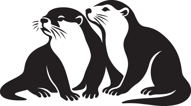 Two otters silhouette in clean black style, Pair of animals aquatic life sketch vector