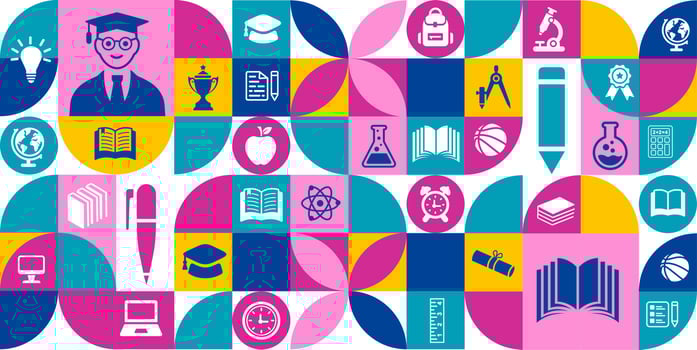 back to school education geometric shape college pattern background. A vibrant collection of minimalist white silhouette icons representing various academic subjects, school supplies vector
