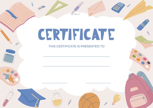 Colorful School Diploma Certificate Template for Kids with Educational Elements. Award or Achievement Document Cartoon Design with Stationery, Sports, and Science Icons. vector