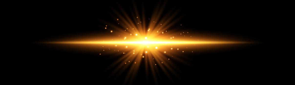 Orange horizontal reflection, lensflare. Light flash with rays or golden spotlight and particles. Yellow glow light effect. illustration. Isolated on black background. vector