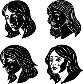 Illustration of four crying women faces in black and white style vector