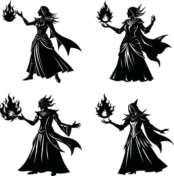 Four female witches casting fire spell silhouette illustration vector