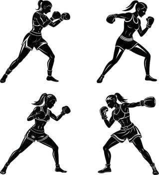 Silhouetted woman boxing art sporty female fighters illustrations graphics vector