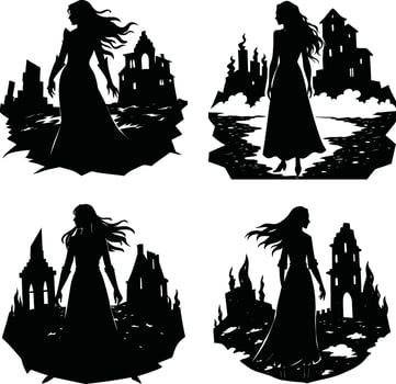 Silhouette of a woman near fantasy castles in monochrome art vector