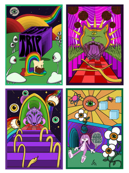 Colorful psychedelic poster collection with trippy cube designs, surreal mushroom art, rainbow accents, cosmic scenes, distorted lettering, and bold retro dream aesthetics. vector