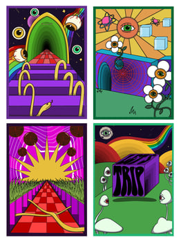 Set of psychedelic posters with trippy cubes, surreal mushrooms, rainbow elements, cosmic backgrounds, distorted text, and vibrant retro visuals in a bold dreamlike style. vector