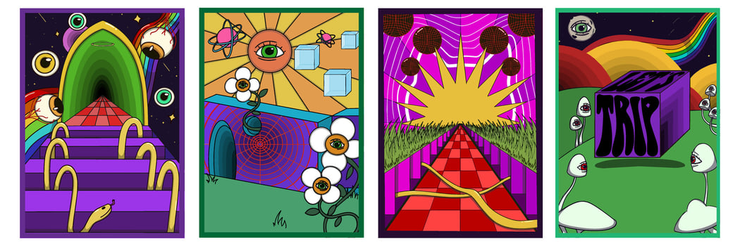 Psychedelic poster set featuring trippy cubes, surreal mushrooms, rainbow skies, cosmic elements, distorted typography, and vibrant dreamlike visuals in bold retro style. vector