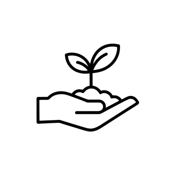 A simple black line drawing depicts a hand holding soil with a small sprouting plant. cutouts png