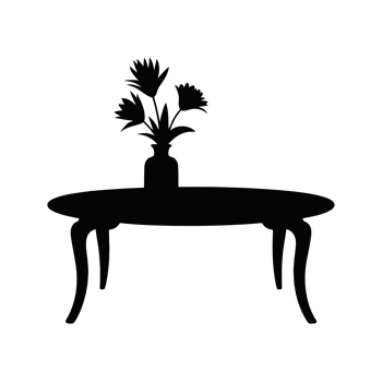 A black silhouette depicts an elegant table with curved legs, holding a vase filled with flowers. cutouts png