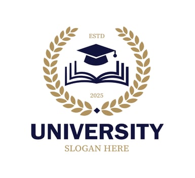 A modern logo design showcases an open book and graduation cap, framed by a laurel wreath. Perfect for a university established in 2025, this logo conveys education and excellence. vector