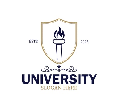 This logo presents a striking shield design incorporating a torch, symbolizing knowledge and enlightenment. It is ideal for a university established in 2025, reflecting a modern aesthetic. vector