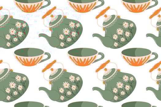 Vintage tea porcelain kettle and cup seamless pattern in flat style. Background with teapot for kitchen wallpaper, cafe breakfast menu, surface texture. vector