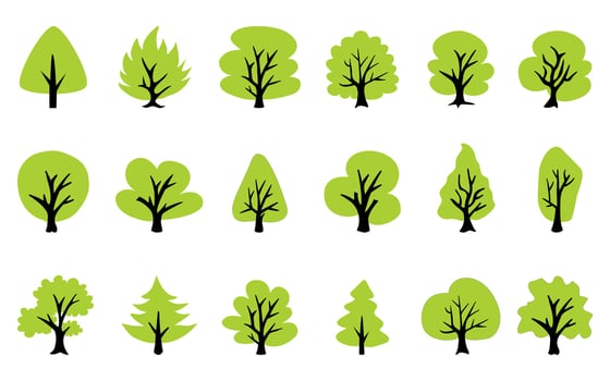 Collection of flat green trees Icon simple style. vector