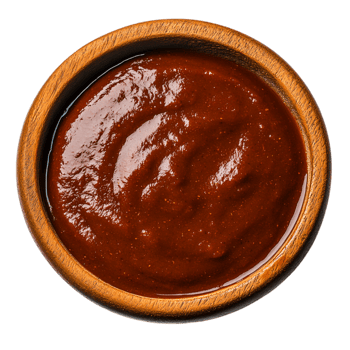 Delicious Rich BBQ Sauce in Wooden Bowl Perfect for Grilling and Dipping png