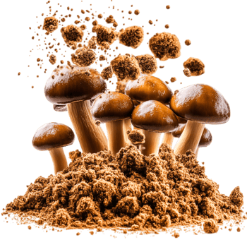 Fresh Mushrooms Surrounded by Earthy Soil with Dirt Particles in Modern Style png