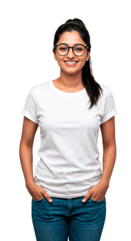 Young smiling indian woman wearing eyeglasses and a blank white t-shirt with her hands in her pockets cut out png