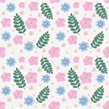 Floral seamless pattern with delicate pink and blue flowers and green leaves. Perfect for packaging, textiles and branding. illustration. vector