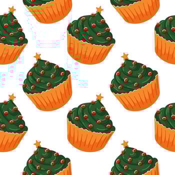Seamless pattern with festive cupcake decorated like a Christmas tree with green frosting in cartoon style. Perfect for holiday design, card and bakery wallpaper. vector