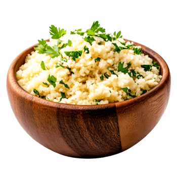 Freshly Prepared Couscous with Herbs in a Wooden Bowl for Food Presentation png