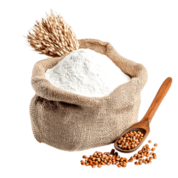 White Flour in Natural Burlap Bag with Grain and Spoon on png