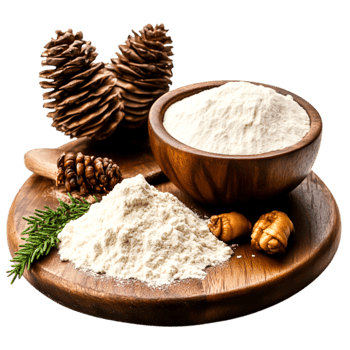 Natural Ingredients in Wooden Bowl with Ground Plant Powder and Cones on Dish png