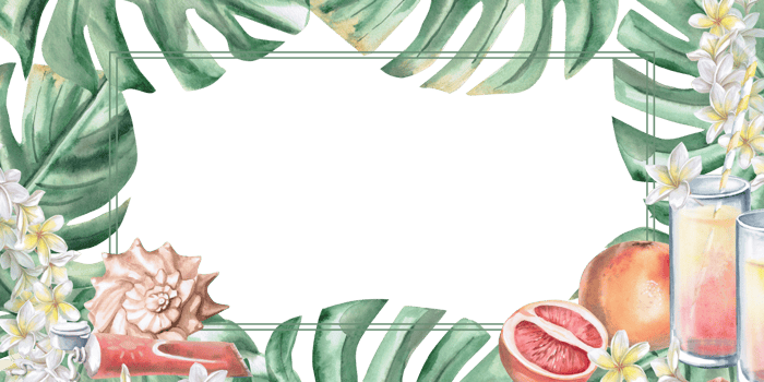 Rectangular frame with leaves, flowers, glasses with juice, shell and sunscreen. Isolated watercolor illustration on the theme of a beach party for decorating invitations, menus, posters. png