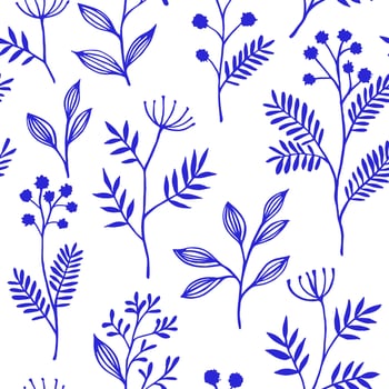 Seamless pattern with blue abstract branches and flowers. vector