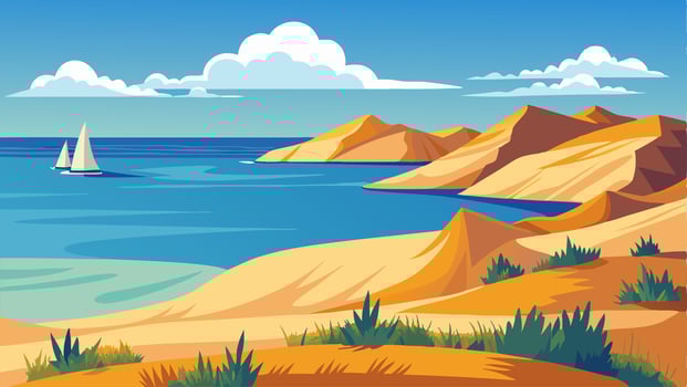 Sailboats on Calm Ocean near Sandy Coastline and Hills vector
