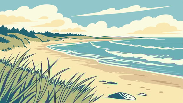 Serene Beach Scene Sandy Shore, Ocean Waves, Coastal Landscape vector
