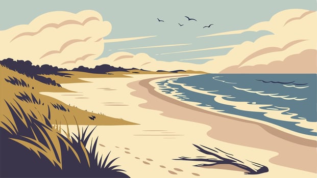 Serene Beach Landscape Sandy Shore, Ocean Waves, and Coastal Dunes vector