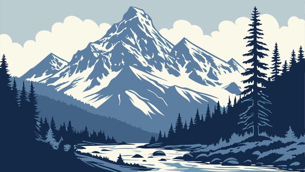 Majestic Snow Capped Mountains and River Landscape vector