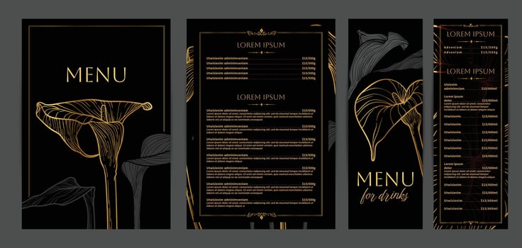 Luxurious food and drinks menu designs. Restaurant menu template. Elegant A4 format with high quality flowers for print and online usage. Golden hand drawn line art calla lily illustrations. vector