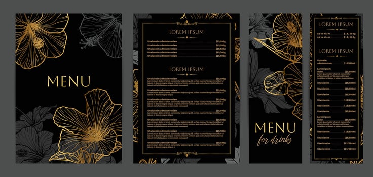 Luxurious food and drinks menu designs. Restaurant menu template. Elegant A4 format with high quality flowers for print and online usage. Golden hand drawn line art hibiscus illustrations. vector