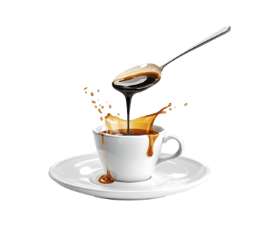 A Spoonful of Rich Liquid Drizzling into a Cup with Coffee on Black png