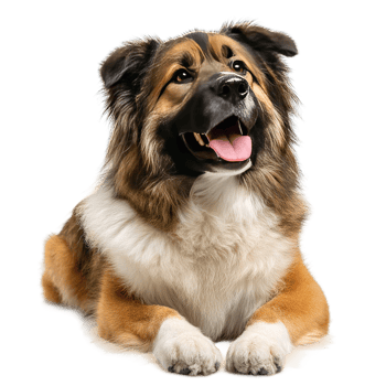 Adorable Dog With Fluffy Fur Lies Down Looking Up Isolated on Transparent Background png